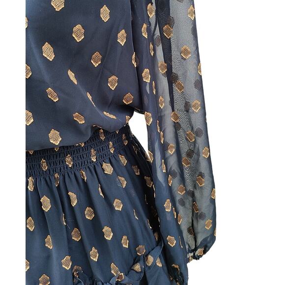 Shoshanna Dane Dress Womens Size 2 Long Puff Sleeve Semi-Sheer Black Navy Gold - Picture 10 of 15